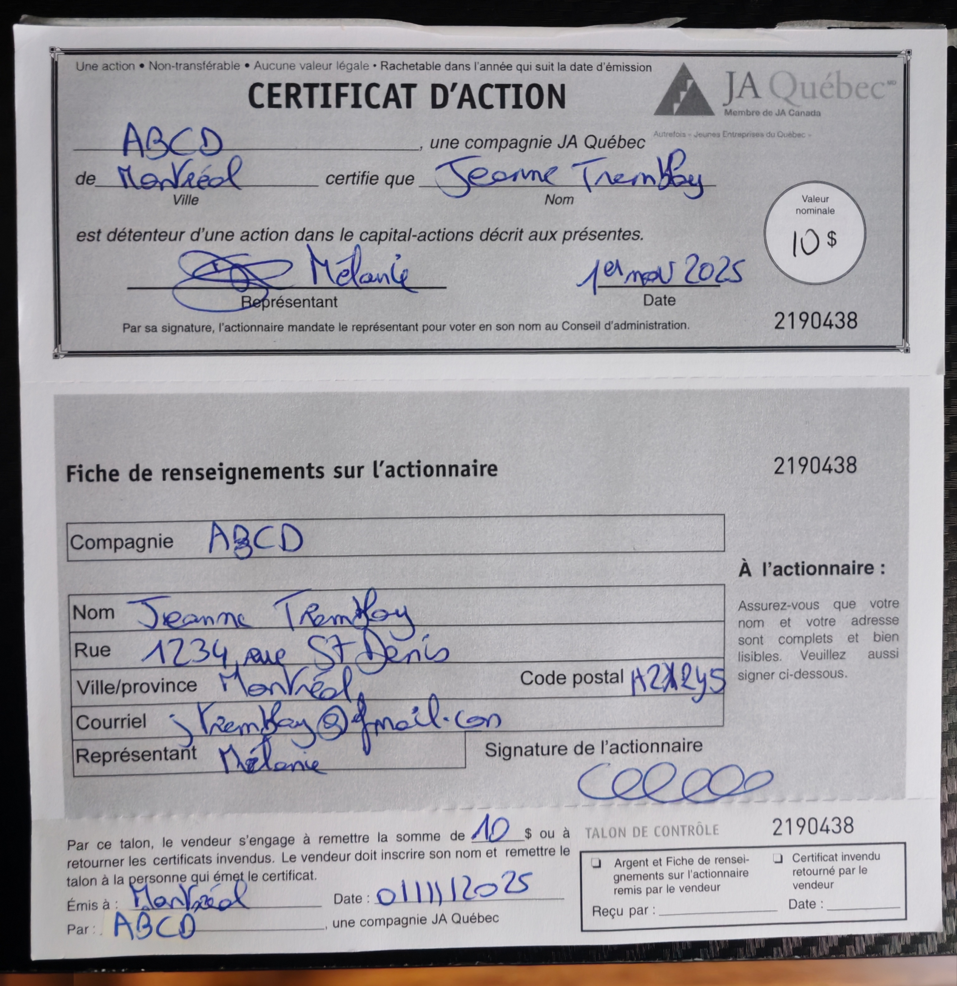 Exemple de certificat d'action rempli